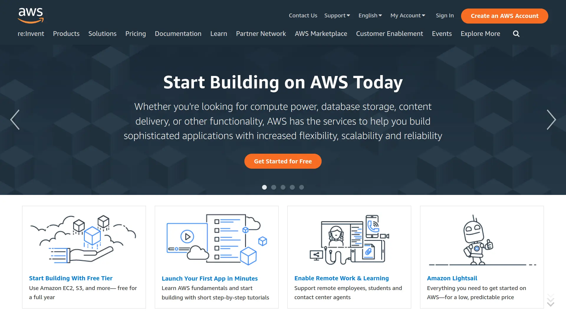 Screenshot of Amazon Web Services home screen